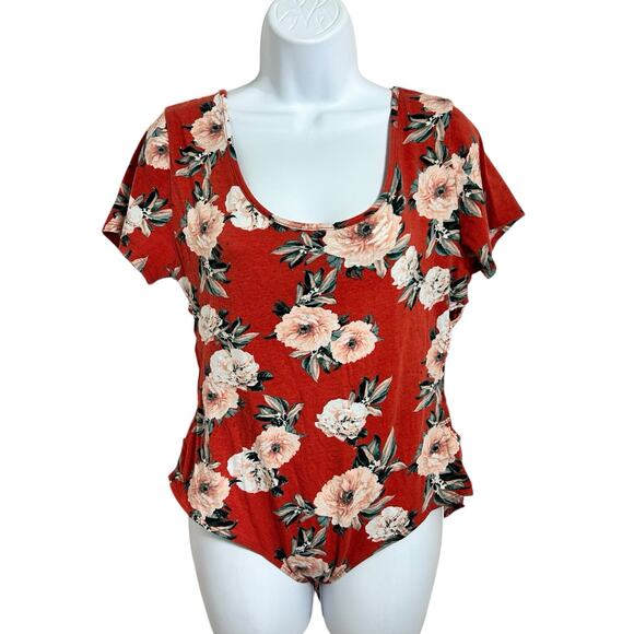 Floral Bodysuit Sz XL Scoop Neck and Back Open Sides Short Sleeve Top Blouse - Picture 4 of 6
